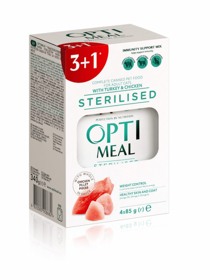 optimeal sterilised turkey для стерилизованных кошек с индейкой набор (3+1) 340 г