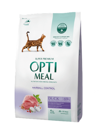 optimeal duck hairball control для кошек с уткой 4 кг