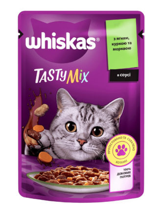 whiskas tasty mix пауч для кошек с ягненком, курицей и морковкой в соусе 28*85 г
