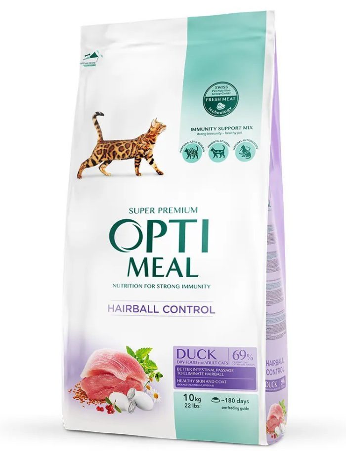 optimeal duck hairball control для кошек с уткой 10 кг