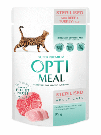 optimeal sterilised beef & turkey с говядиной в желе для стерилизованных кошек 12х85 г