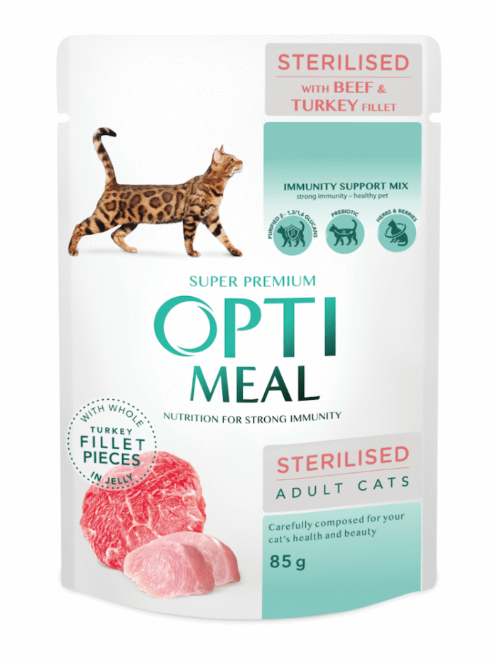 optimeal sterilised beef & turkey с говядиной в желе для стерилизованных кошек 12х85 г