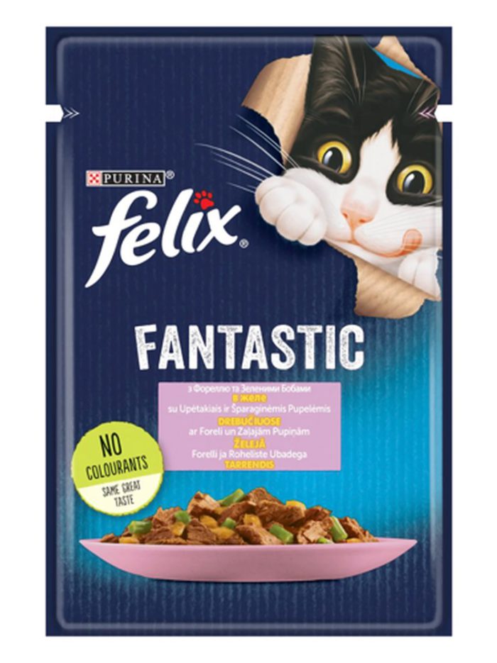 Влажный корм для кошек felix fantastic, с форелью и зелеными бобами, 26*85 г