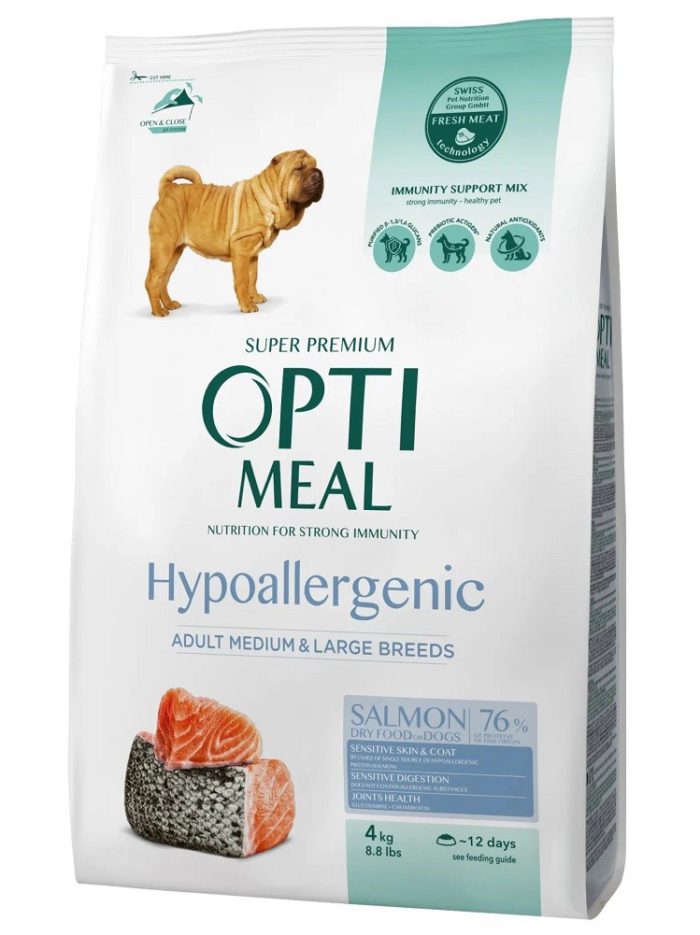 optimeal hypoallergenic medium and large для собак с лососем 4 кг