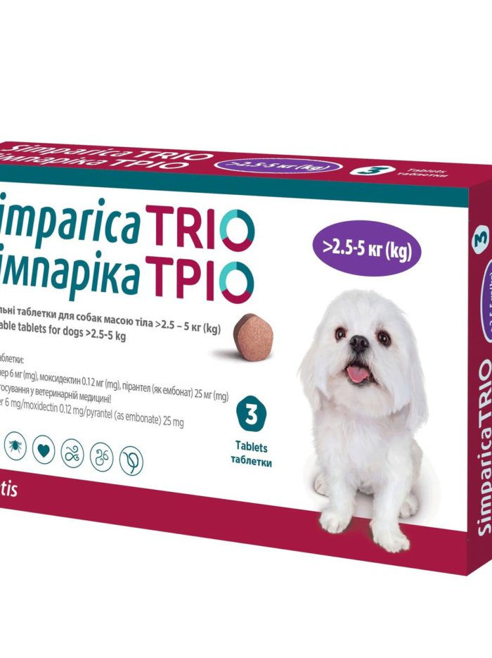 Таблетки Симпарика Трио, для собак, от блох и клещей 2,5 5 кг (1таб)