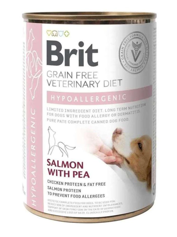 brit vd hypoallergenic cans для собак с с лососем и горохом 400 г