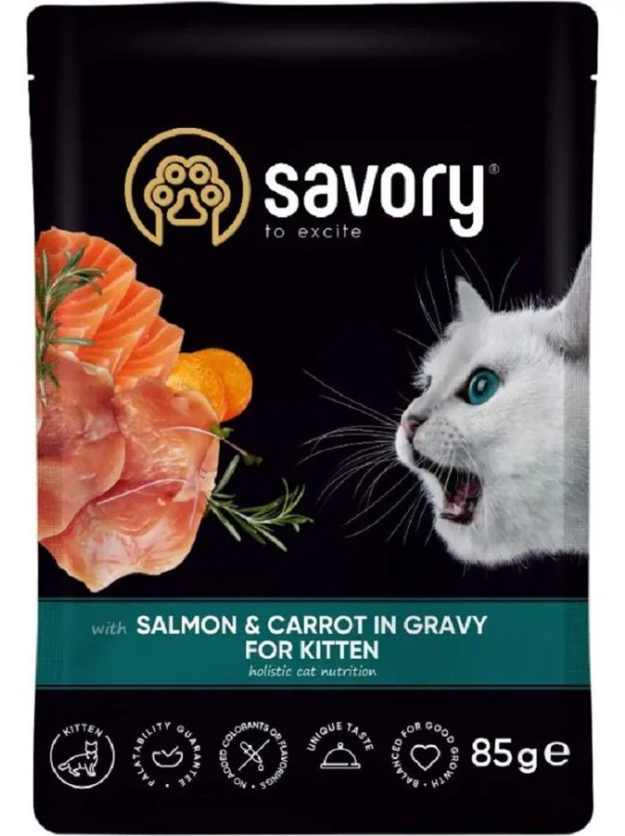 Влажный корм для котят savory kitten, лосось с морквой в соусе, 85 г