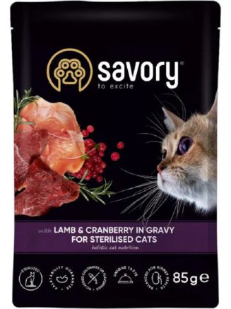 Влажный корм для стерилизованных кошек savory sterilised, ягненок с клюквой в соусе, 85 г