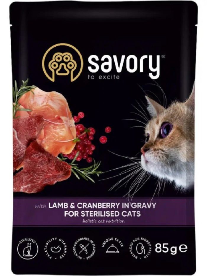 Влажный корм для стерилизованных кошек savory sterilised, ягненок с клюквой в соусе, 85 г